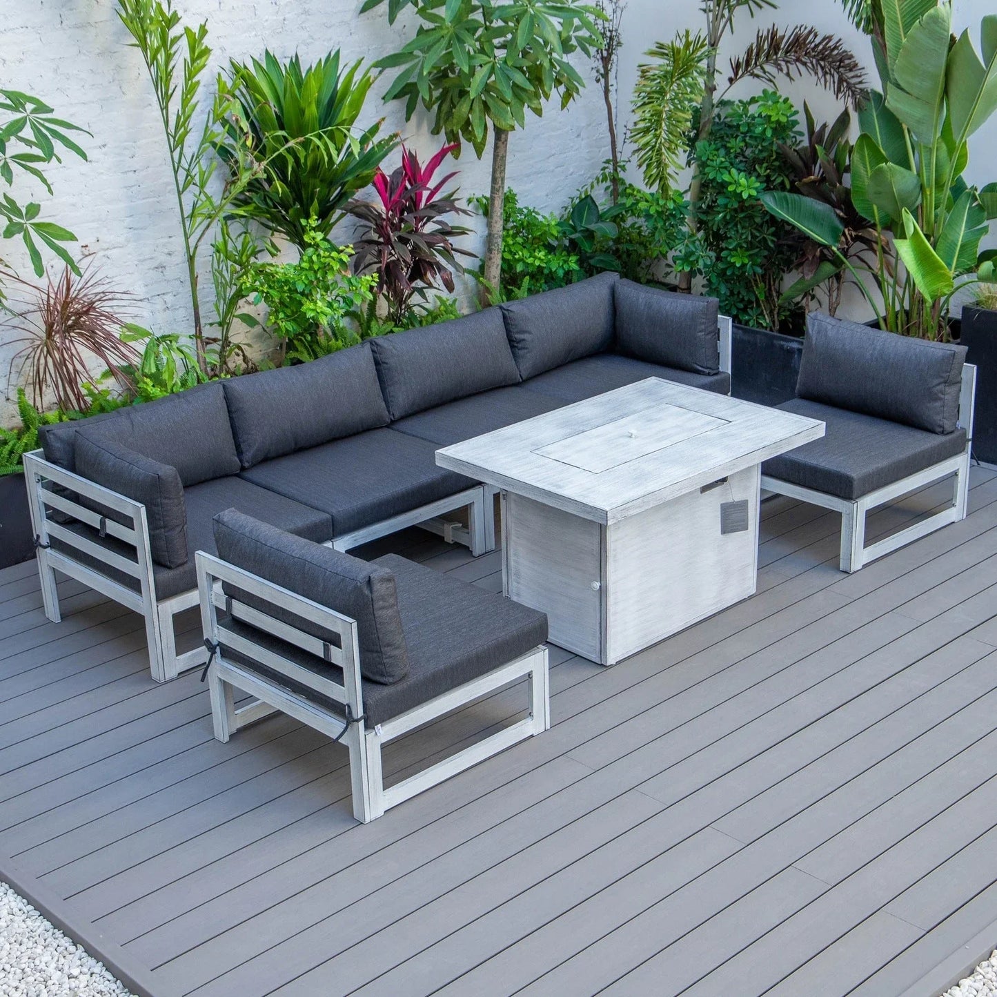 Chelsea 7-Piece Patio Sectional And Fire Pit Table In Weathered Grey Aluminum With Cushions - Elax Furniture