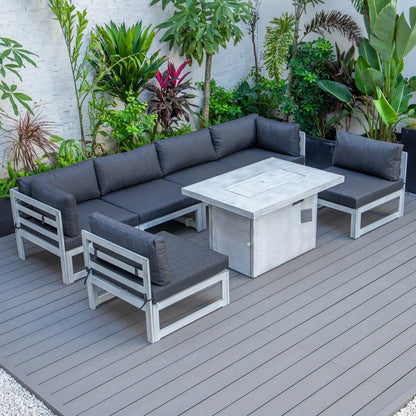 Chelsea 7-Piece Patio Sectional And Fire Pit Table In Weathered Grey Aluminum With Cushions - Elax Furniture