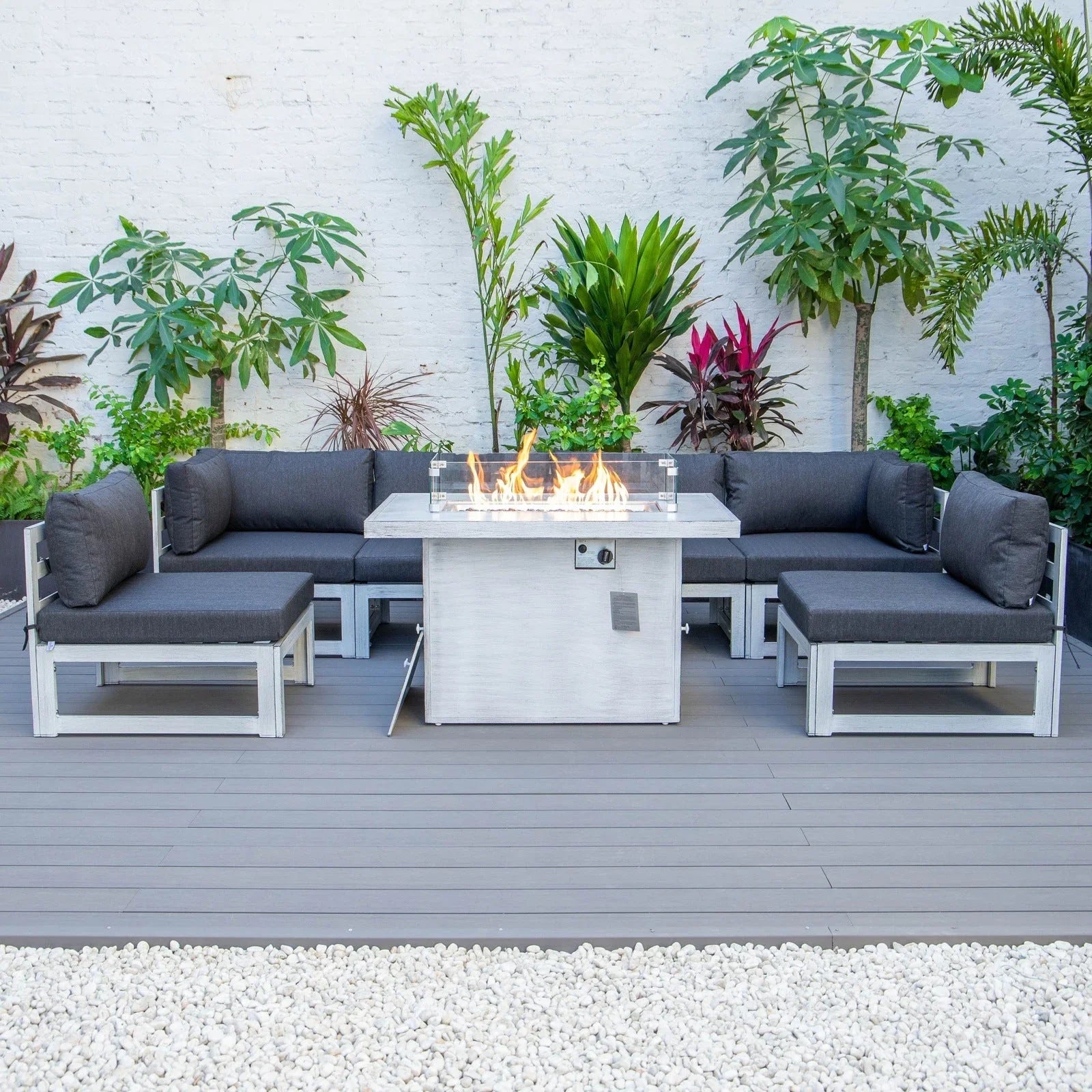 Chelsea 7-Piece Patio Sectional And Fire Pit Table In Weathered Grey Aluminum With Cushions - Elax Furniture