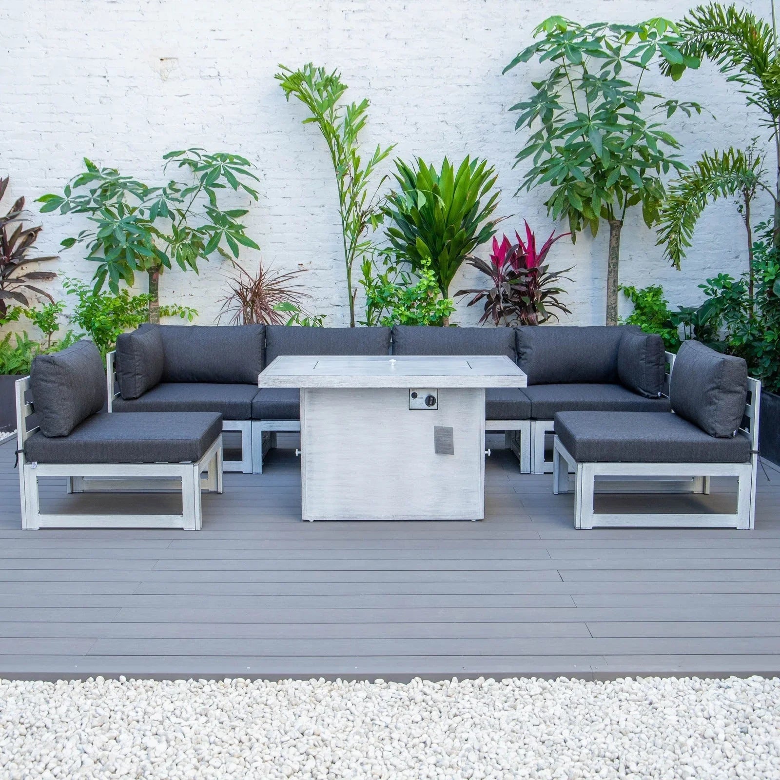 Chelsea 7-Piece Patio Sectional And Fire Pit Table In Weathered Grey Aluminum With Cushions - Elax Furniture