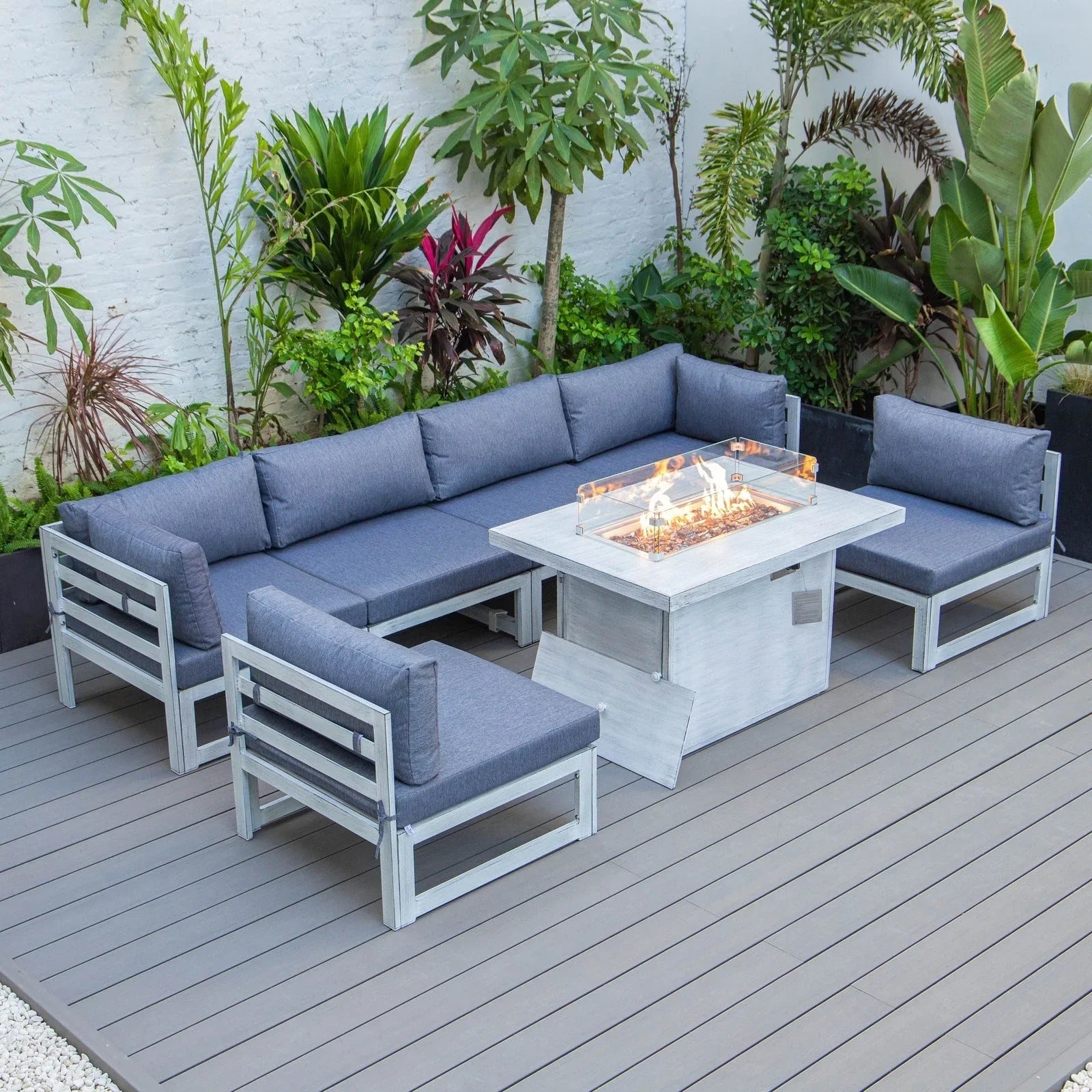 Chelsea 7-Piece Patio Sectional And Fire Pit Table In Weathered Grey Aluminum With Cushions - Elax Furniture