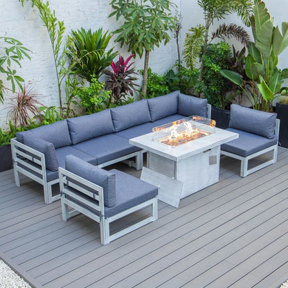 Chelsea 7-Piece Patio Sectional And Fire Pit Table In Weathered Grey Aluminum With Cushions - Elax Furniture