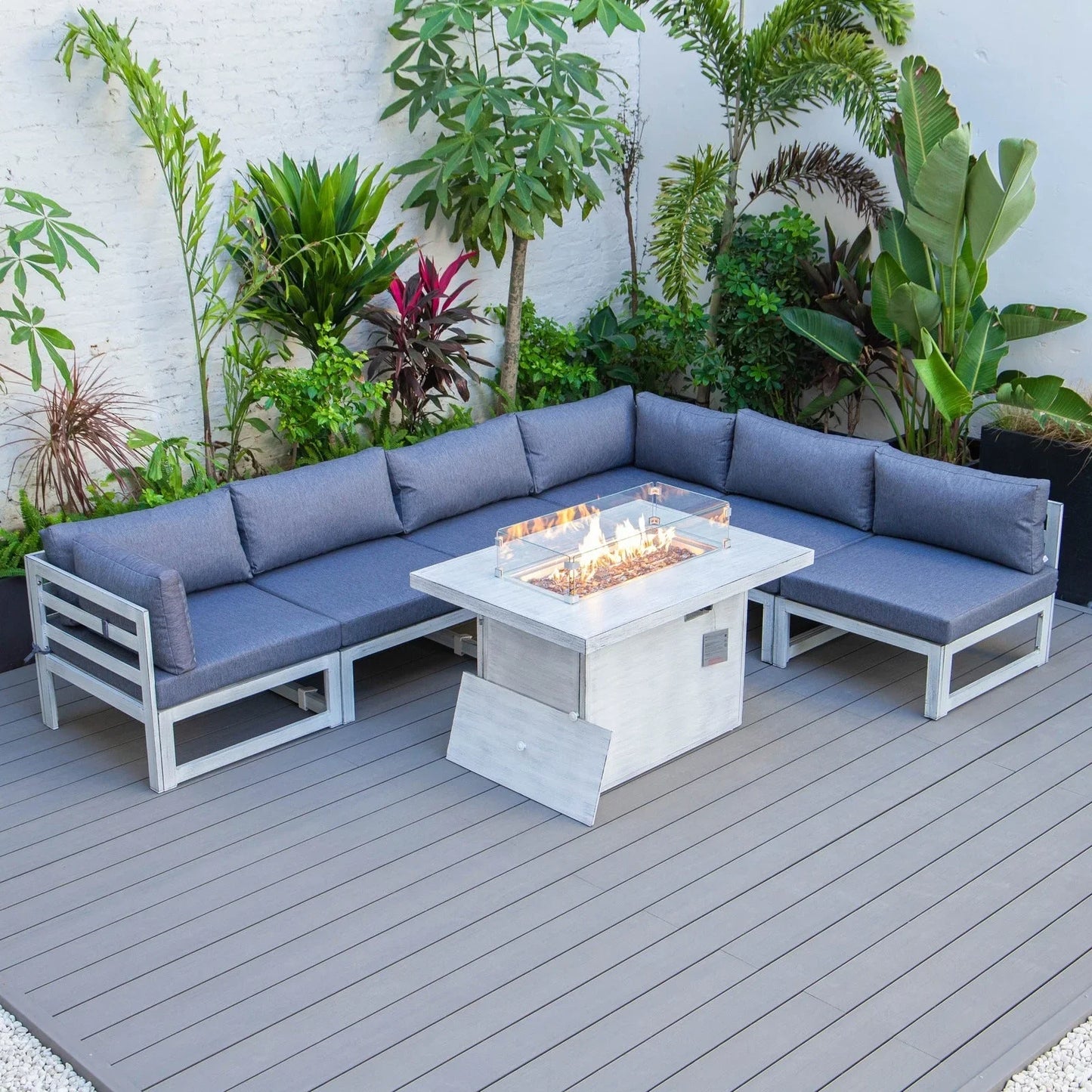 Chelsea 7-Piece Patio Sectional And Fire Pit Table In Weathered Grey Aluminum With Cushions - Elax Furniture
