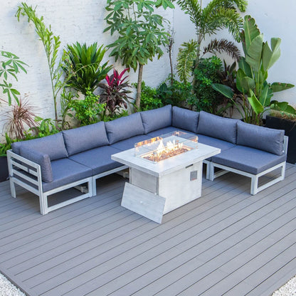 Chelsea 7-Piece Patio Sectional And Fire Pit Table In Weathered Grey Aluminum With Cushions - Elax Furniture