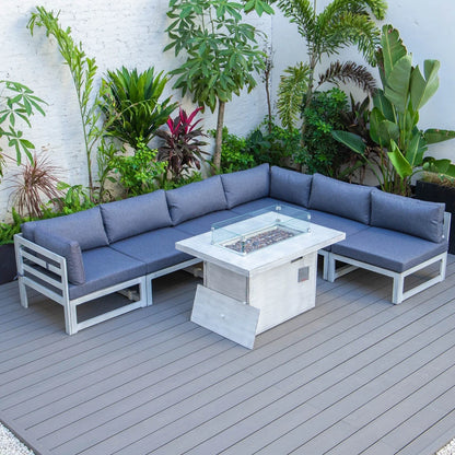 Chelsea 7-Piece Patio Sectional And Fire Pit Table In Weathered Grey Aluminum With Cushions - Elax Furniture