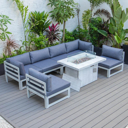 Chelsea 7-Piece Patio Sectional And Fire Pit Table In Weathered Grey Aluminum With Cushions - Elax Furniture
