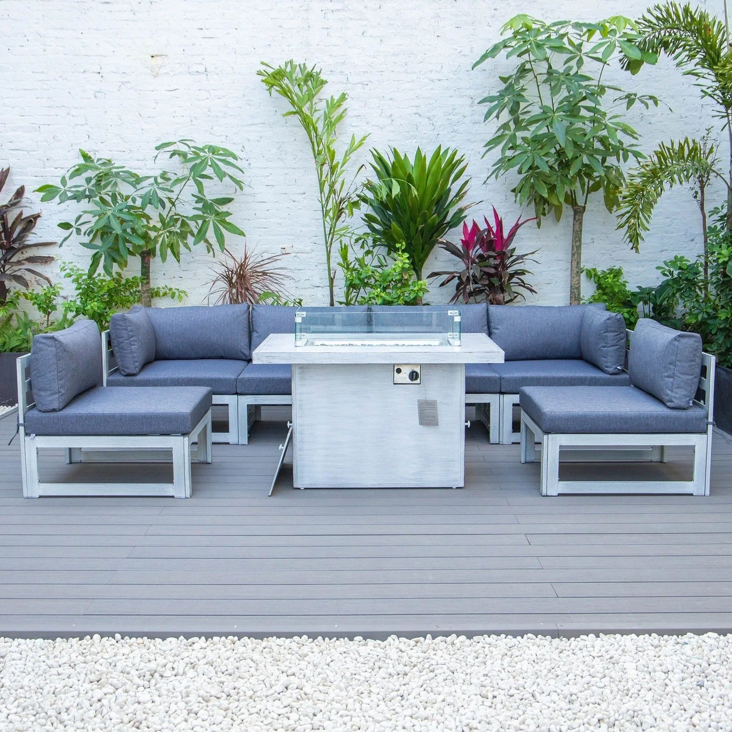 Chelsea 7-Piece Patio Sectional And Fire Pit Table In Weathered Grey Aluminum With Cushions - Elax Furniture