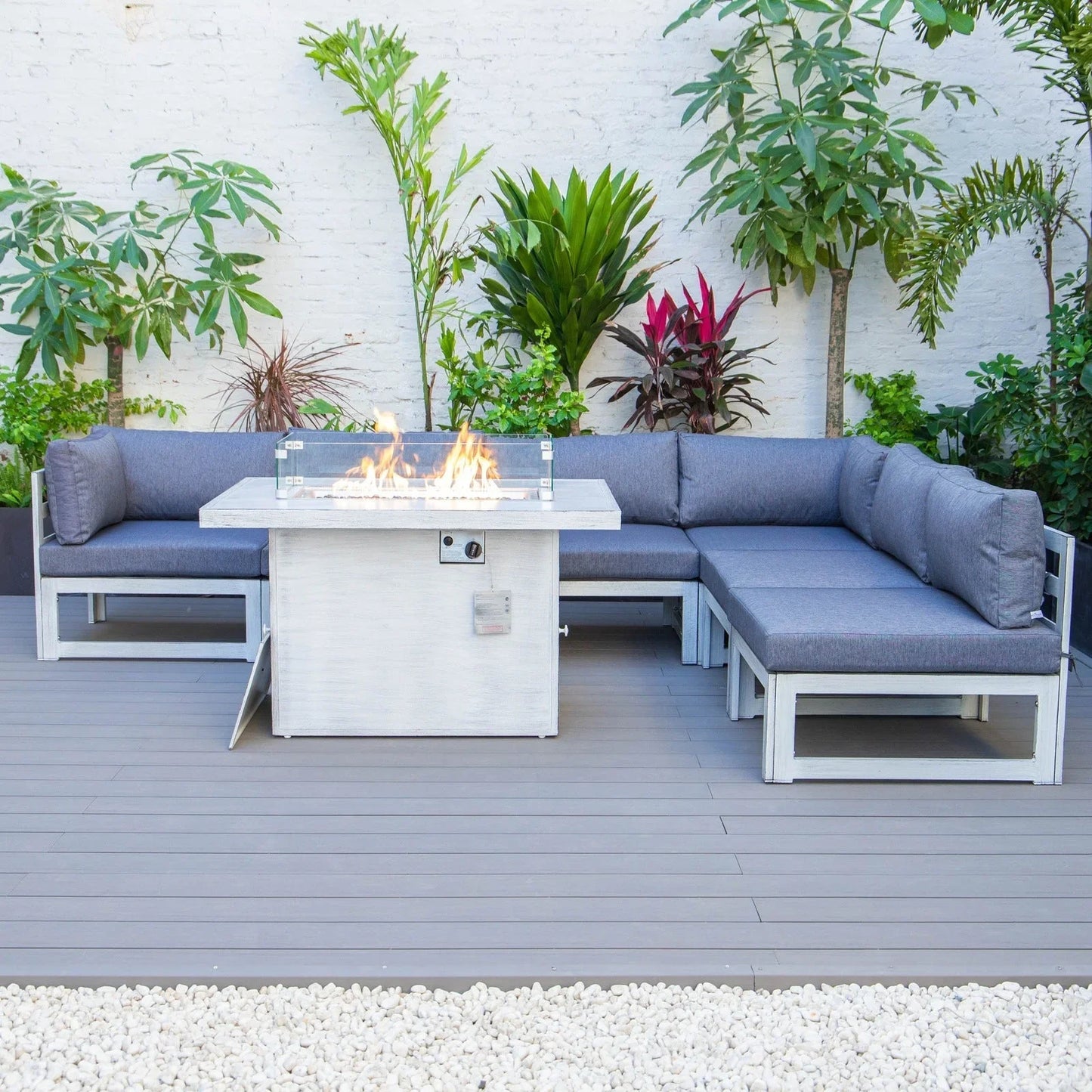 Chelsea 7-Piece Patio Sectional And Fire Pit Table In Weathered Grey Aluminum With Cushions - Elax Furniture