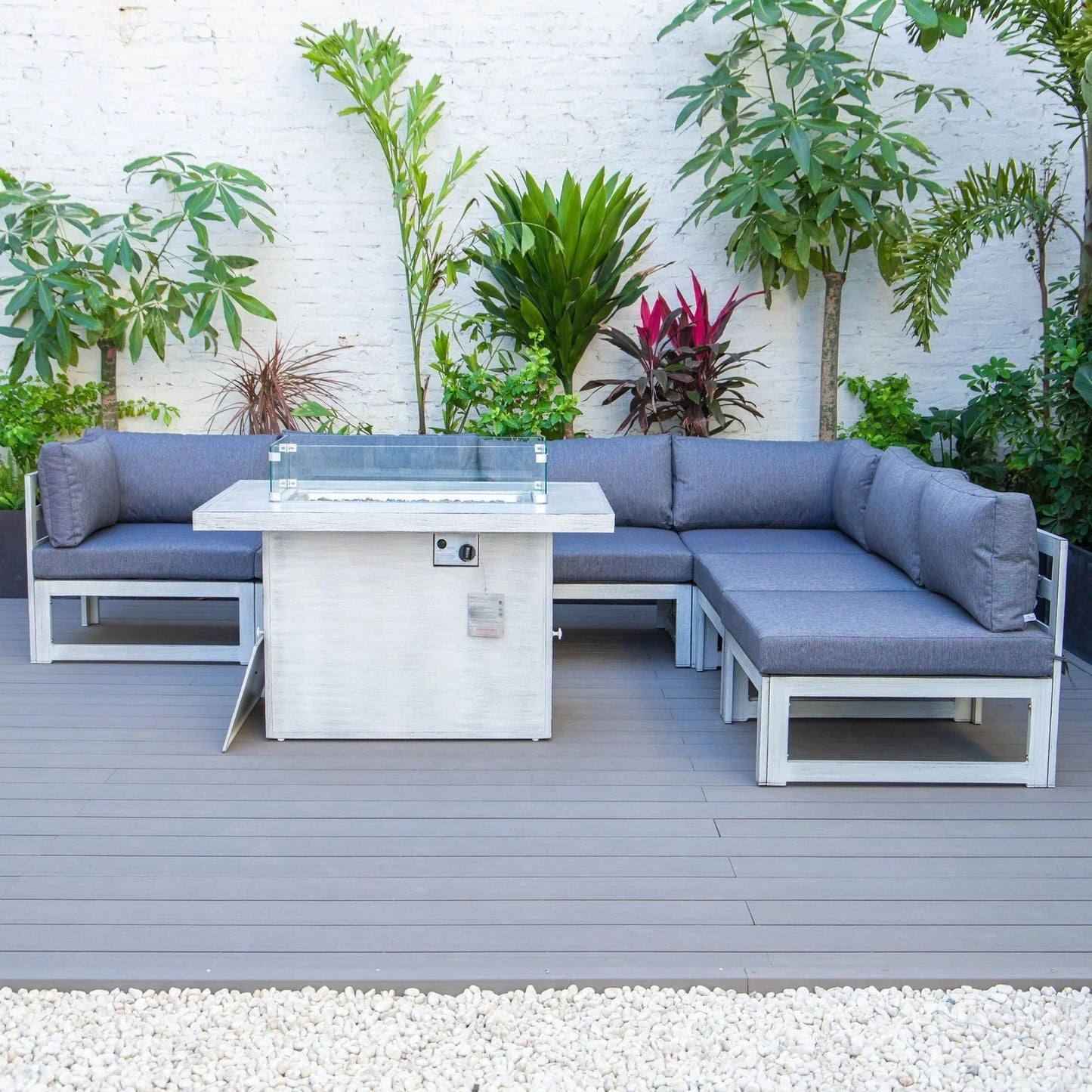 Chelsea 7-Piece Patio Sectional And Fire Pit Table In Weathered Grey Aluminum With Cushions - Elax Furniture