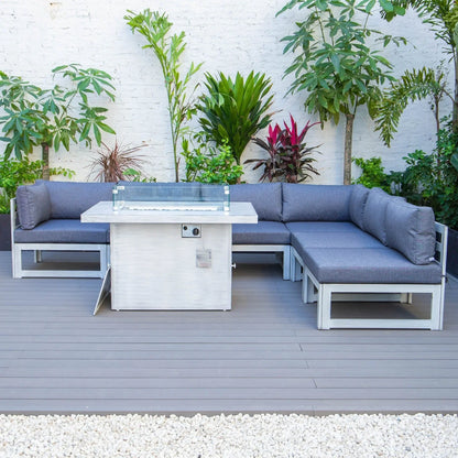 Chelsea 7-Piece Patio Sectional And Fire Pit Table In Weathered Grey Aluminum With Cushions - Elax Furniture