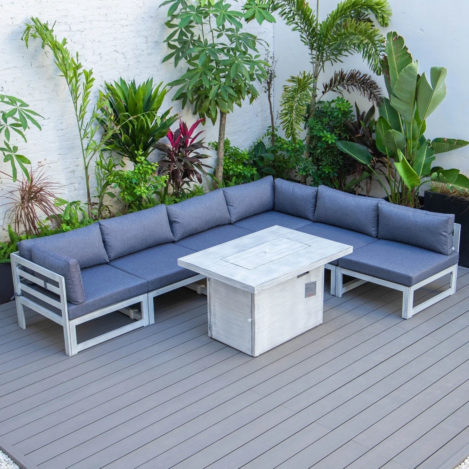 Chelsea 7-Piece Patio Sectional And Fire Pit Table In Weathered Grey Aluminum With Cushions - Elax Furniture