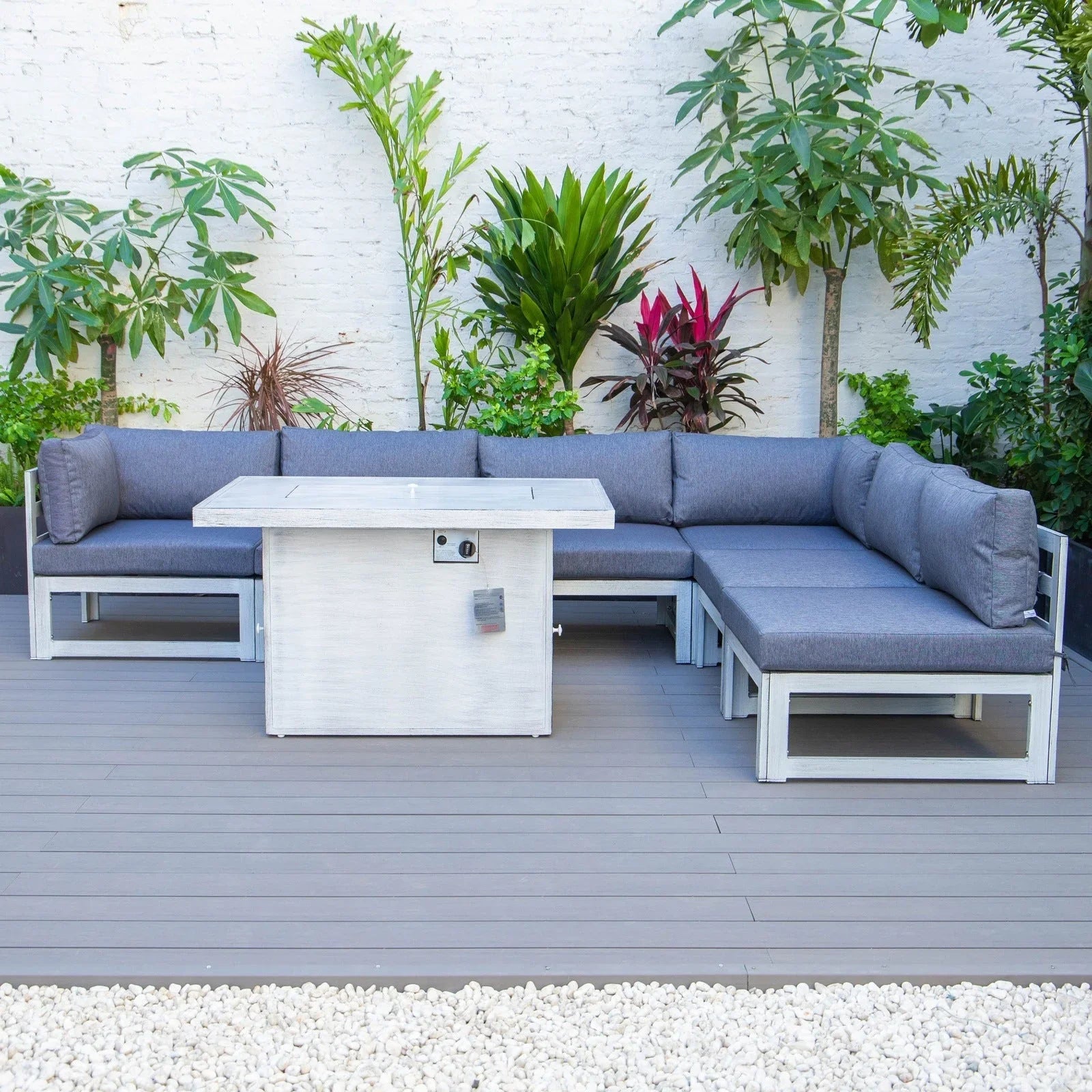Chelsea 7-Piece Patio Sectional And Fire Pit Table In Weathered Grey Aluminum With Cushions - Elax Furniture
