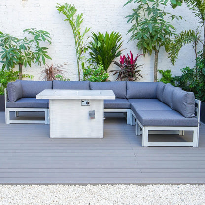 Chelsea 7-Piece Patio Sectional And Fire Pit Table In Weathered Grey Aluminum With Cushions - Elax Furniture