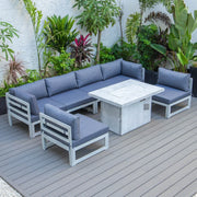 Chelsea 7-Piece Patio Sectional And Fire Pit Table In Weathered Grey Aluminum With Cushions - Elax Furniture