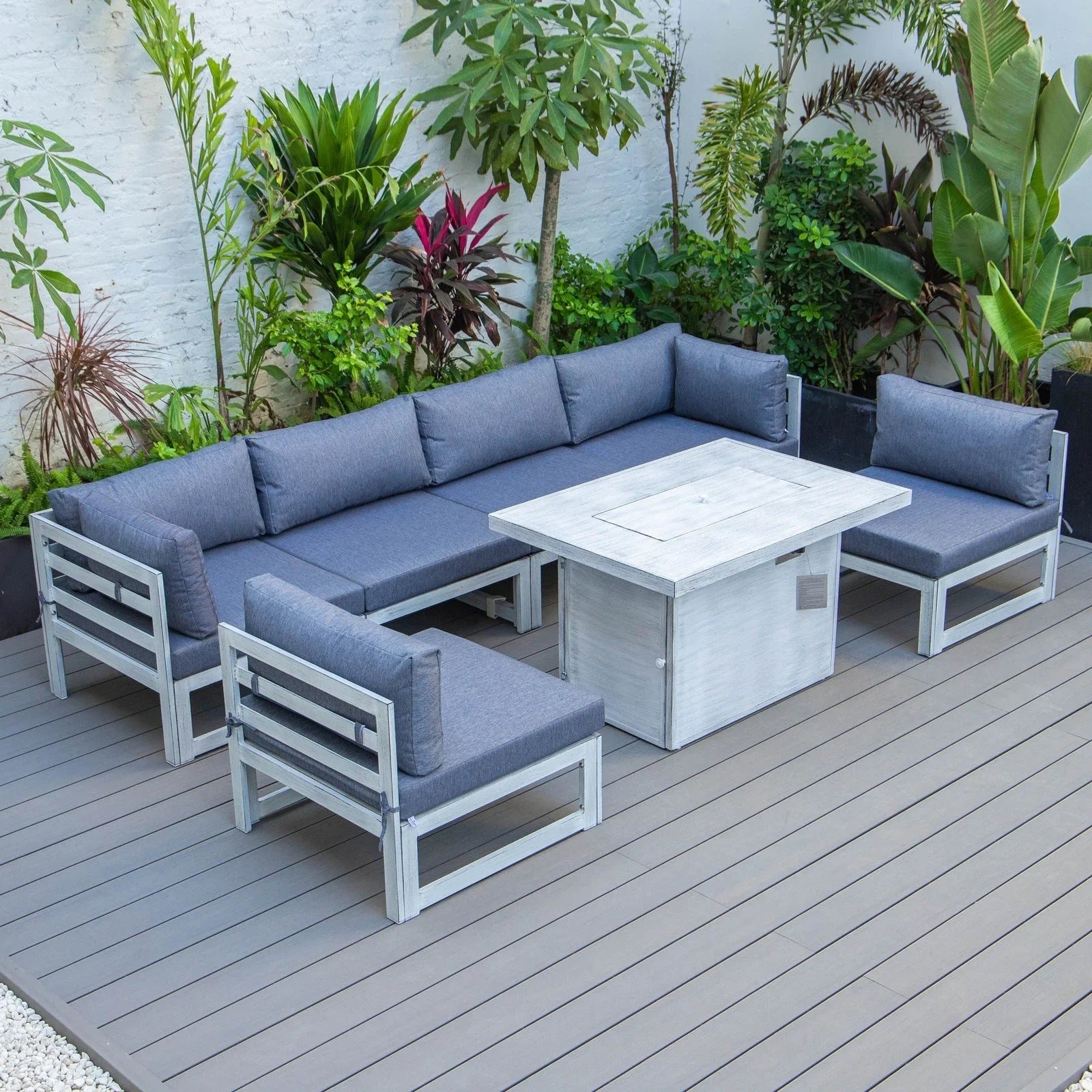 Chelsea 7-Piece Patio Sectional And Fire Pit Table In Weathered Grey Aluminum With Cushions - Elax Furniture