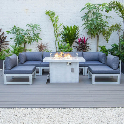 Chelsea 7-Piece Patio Sectional And Fire Pit Table In Weathered Grey Aluminum With Cushions - Elax Furniture
