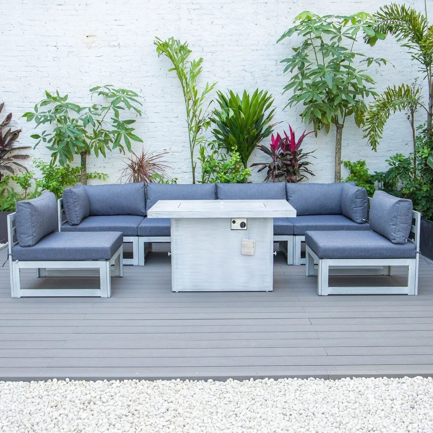 Chelsea 7-Piece Patio Sectional And Fire Pit Table In Weathered Grey Aluminum With Cushions - Elax Furniture