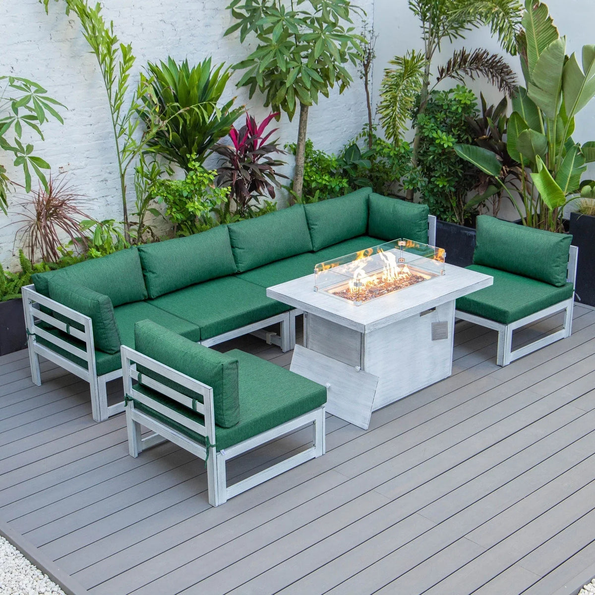 Chelsea 7-Piece Patio Sectional And Fire Pit Table In Weathered Grey Aluminum With Cushions - Elax Furniture