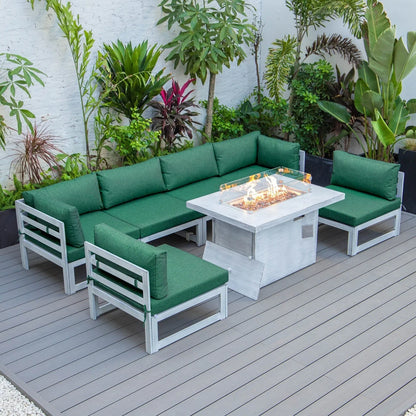 Chelsea 7-Piece Patio Sectional And Fire Pit Table In Weathered Grey Aluminum With Cushions - Elax Furniture