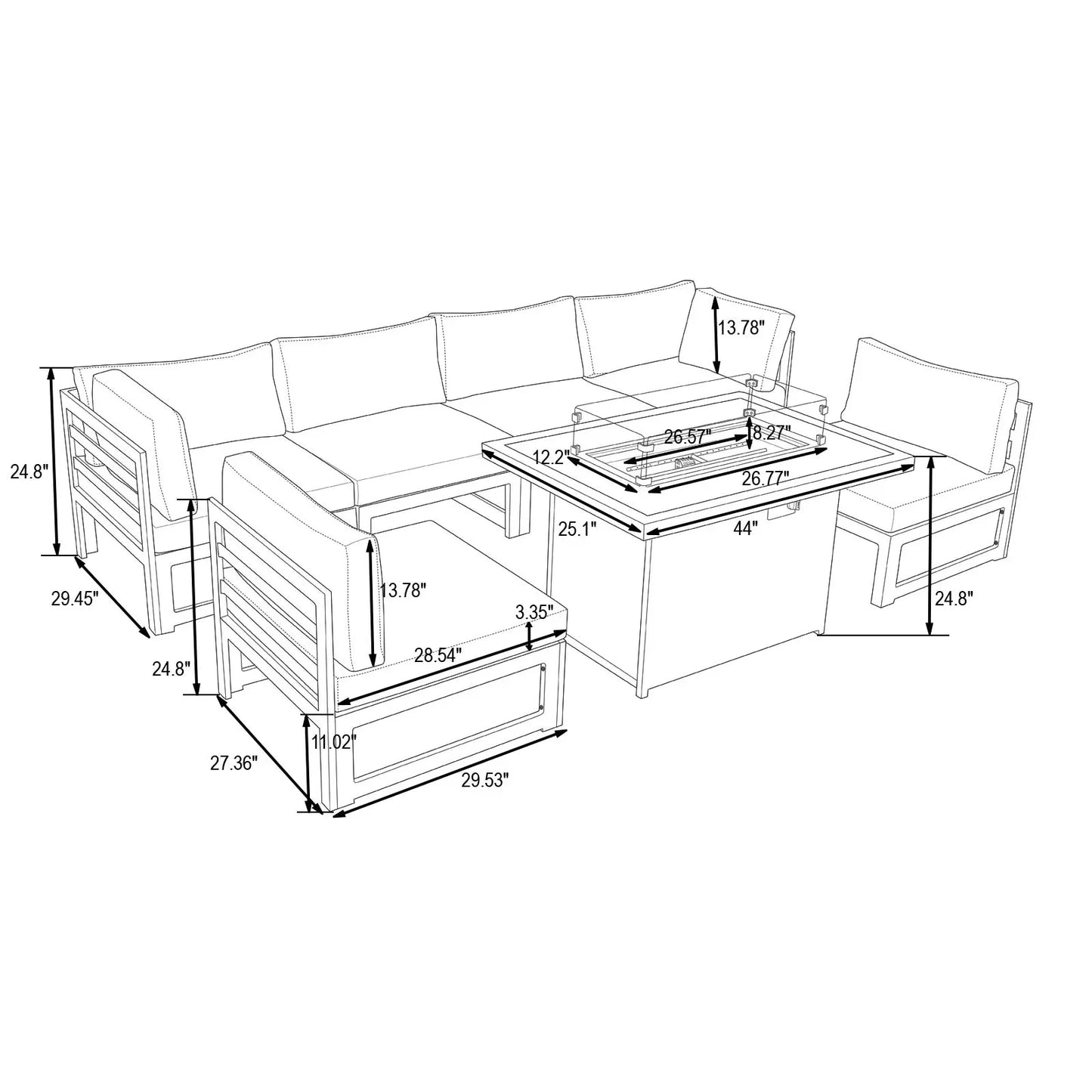 Chelsea 7-Piece Patio Sectional And Fire Pit Table In Weathered Grey Aluminum With Cushions - Elax Furniture