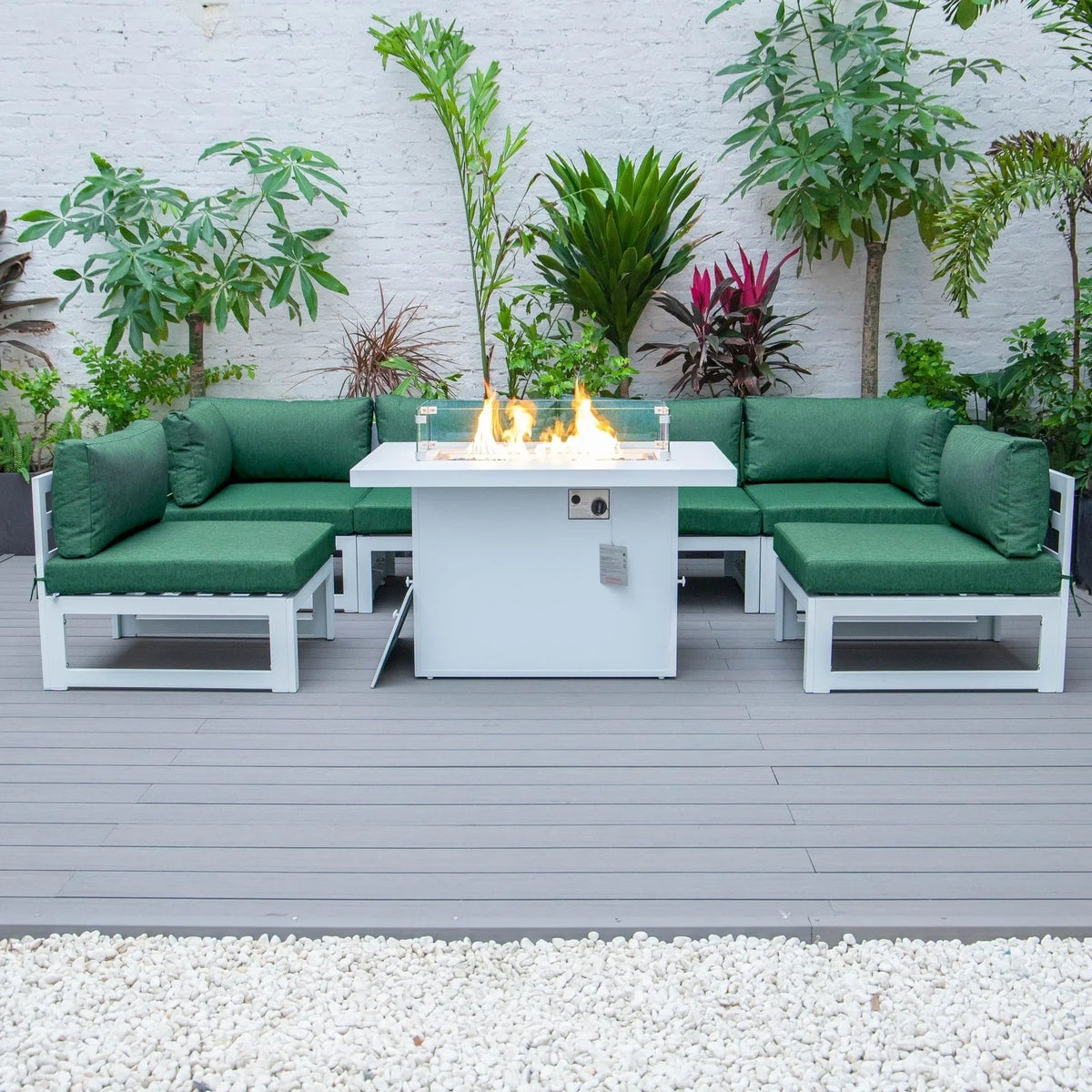 Chelsea 7-Piece Patio Sectional And Fire Pit Table In Weathered Grey Aluminum With Cushions - Elax Furniture