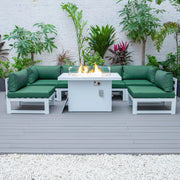 Chelsea 7-Piece Patio Sectional And Fire Pit Table In Weathered Grey Aluminum With Cushions - Elax Furniture