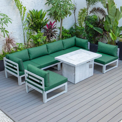 Chelsea 7-Piece Patio Sectional And Fire Pit Table In Weathered Grey Aluminum With Cushions - Elax Furniture