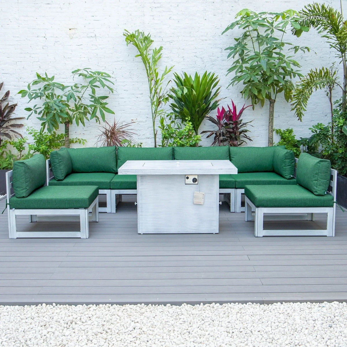Chelsea 7-Piece Patio Sectional And Fire Pit Table In Weathered Grey Aluminum With Cushions - Elax Furniture