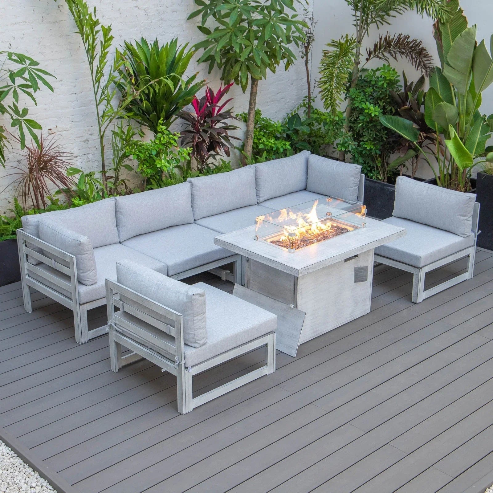 Chelsea 7-Piece Patio Sectional And Fire Pit Table In Weathered Grey Aluminum With Cushions - Elax Furniture