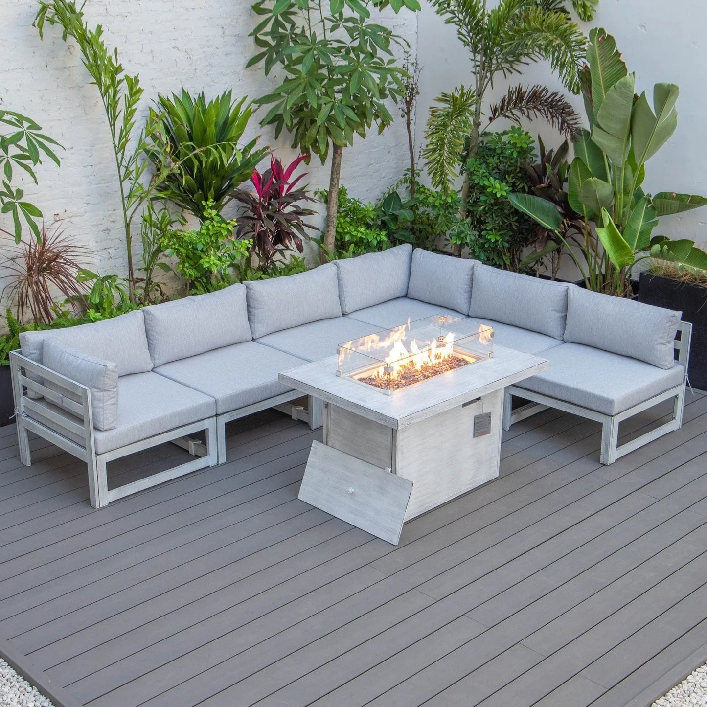 Chelsea 7-Piece Patio Sectional And Fire Pit Table In Weathered Grey Aluminum With Cushions - Elax Furniture