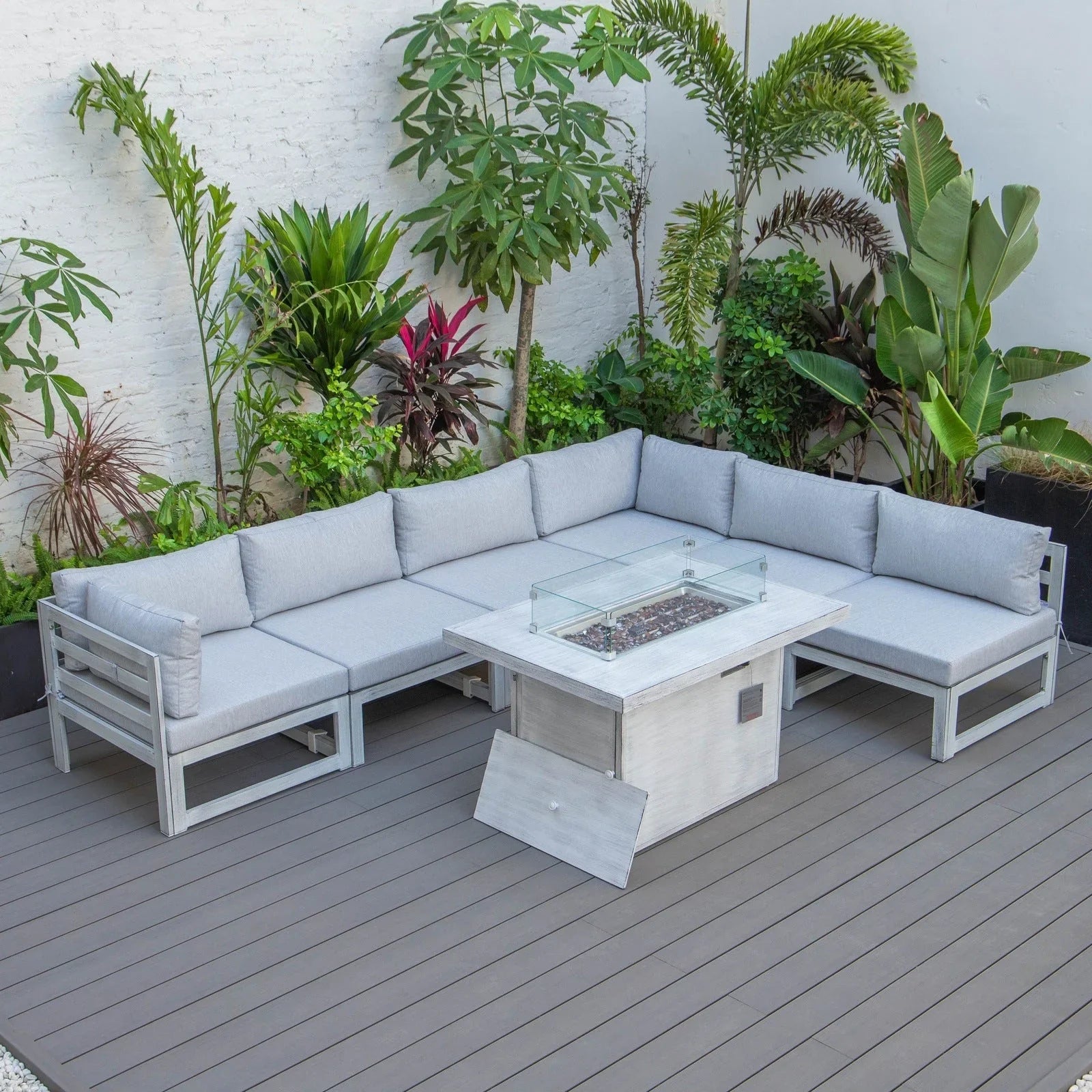 Chelsea 7-Piece Patio Sectional And Fire Pit Table In Weathered Grey Aluminum With Cushions - Elax Furniture