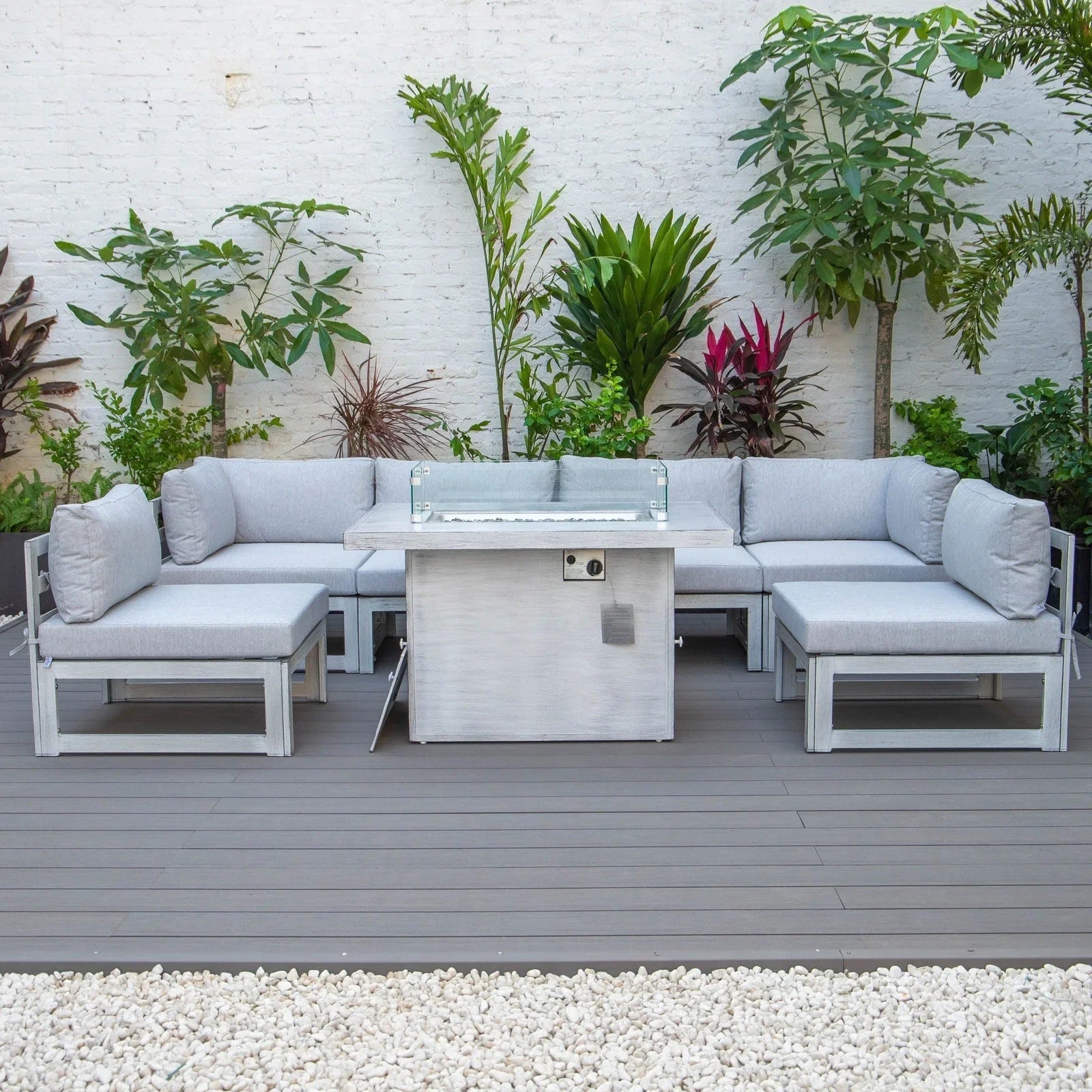 Chelsea 7-Piece Patio Sectional And Fire Pit Table In Weathered Grey Aluminum With Cushions - Elax Furniture