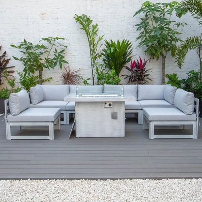 Chelsea 7-Piece Patio Sectional And Fire Pit Table In Weathered Grey Aluminum With Cushions - Elax Furniture