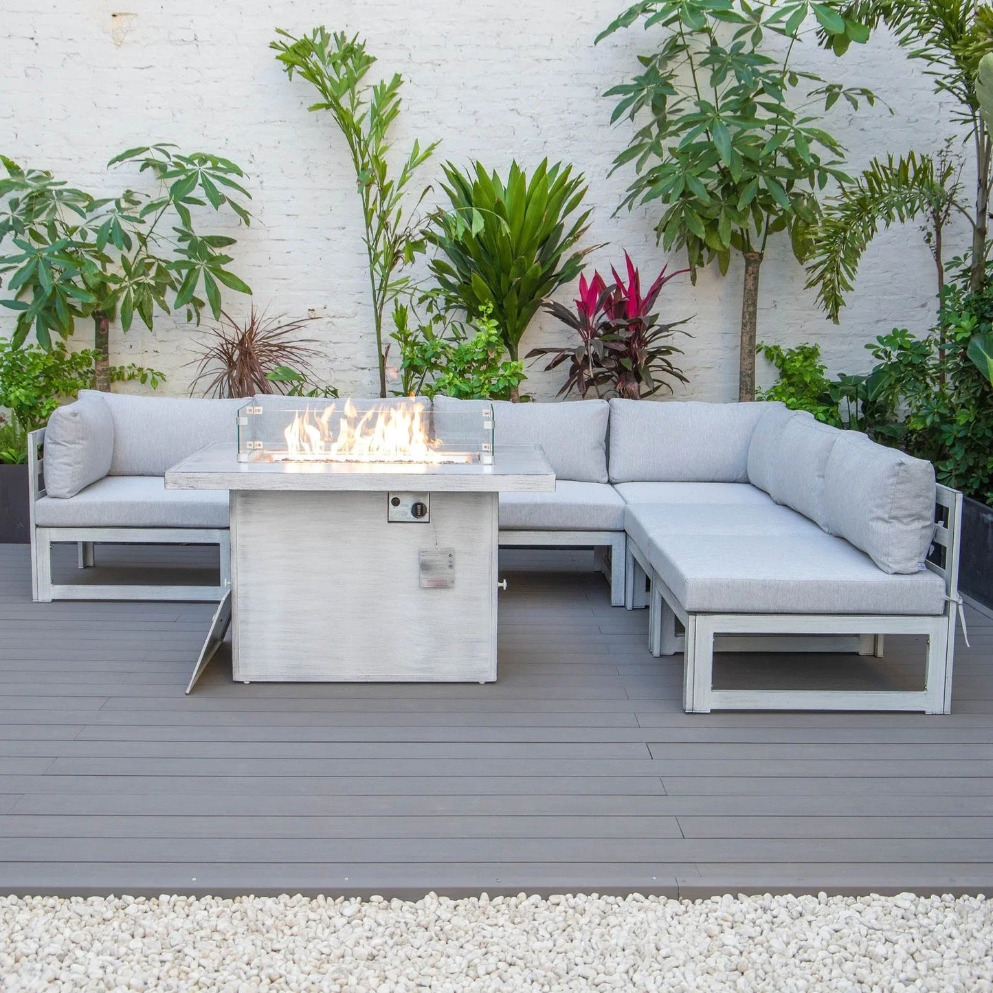 Chelsea 7-Piece Patio Sectional And Fire Pit Table In Weathered Grey Aluminum With Cushions - Elax Furniture