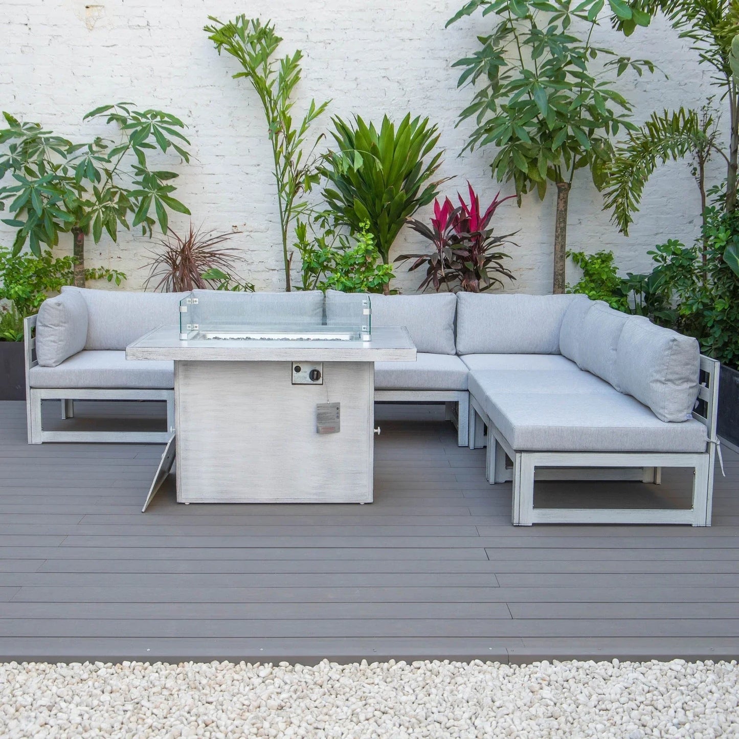 Chelsea 7-Piece Patio Sectional And Fire Pit Table In Weathered Grey Aluminum With Cushions - Elax Furniture