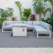 Chelsea 7-Piece Patio Sectional And Fire Pit Table In Weathered Grey Aluminum With Cushions - Elax Furniture