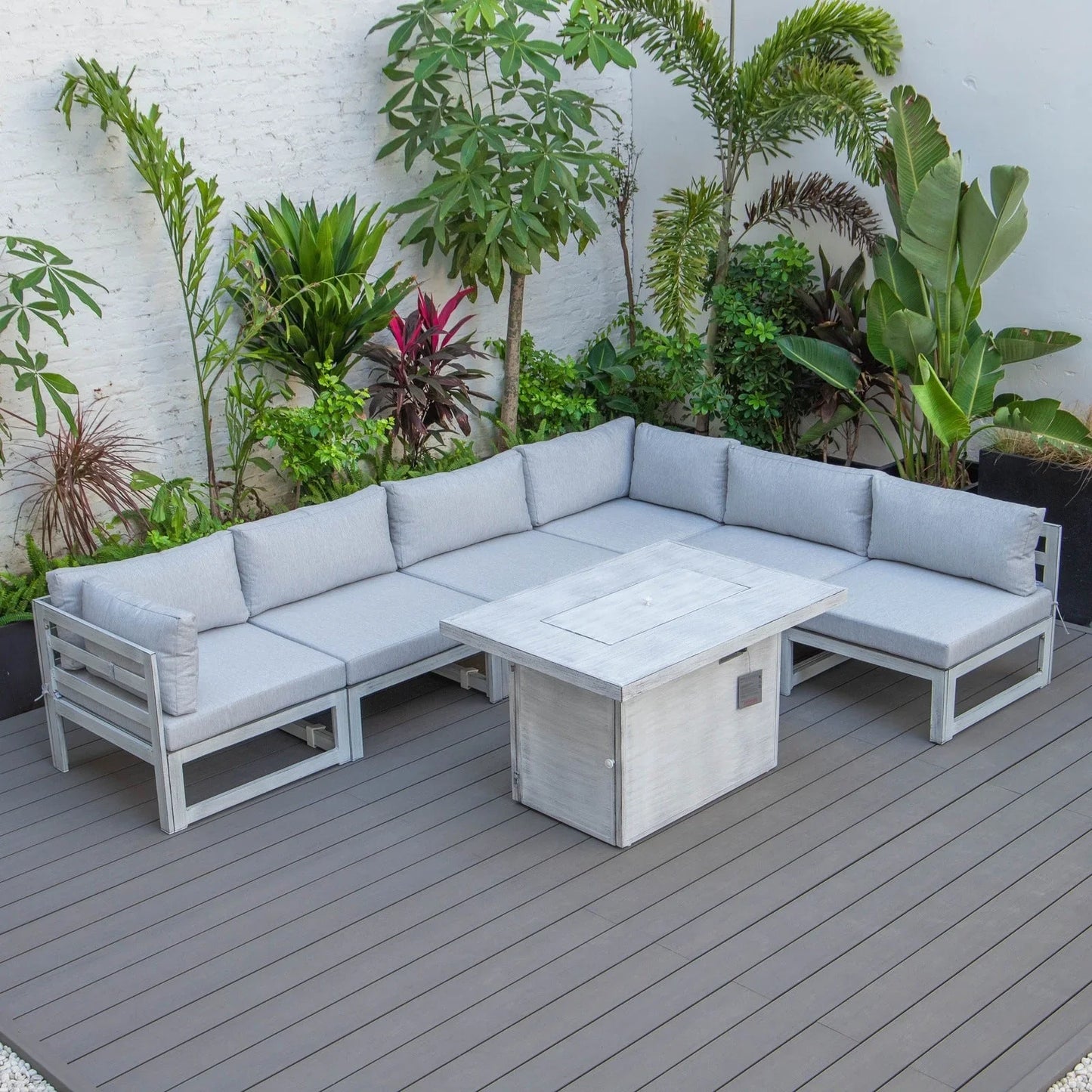 Chelsea 7-Piece Patio Sectional And Fire Pit Table In Weathered Grey Aluminum With Cushions - Elax Furniture