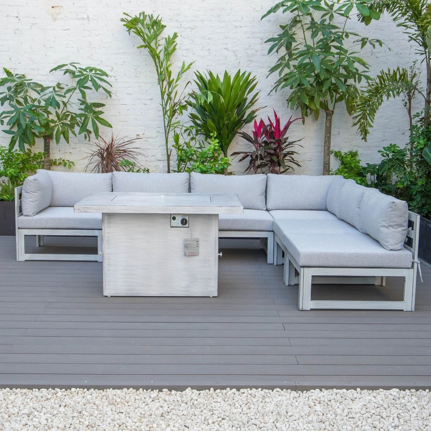 Chelsea 7-Piece Patio Sectional And Fire Pit Table In Weathered Grey Aluminum With Cushions - Elax Furniture