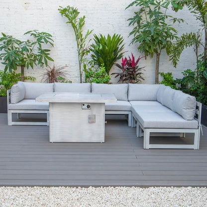 Chelsea 7-Piece Patio Sectional And Fire Pit Table In Weathered Grey Aluminum With Cushions - Elax Furniture