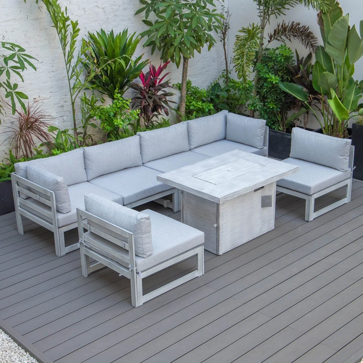 Chelsea 7-Piece Patio Sectional And Fire Pit Table In Weathered Grey Aluminum With Cushions - Elax Furniture