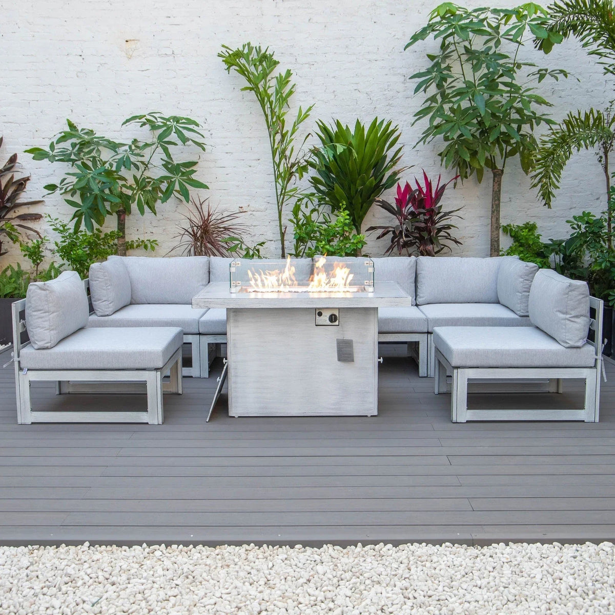 Chelsea 7-Piece Patio Sectional And Fire Pit Table In Weathered Grey Aluminum With Cushions - Elax Furniture