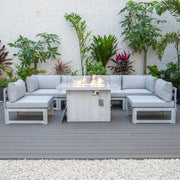 Chelsea 7-Piece Patio Sectional And Fire Pit Table In Weathered Grey Aluminum With Cushions - Elax Furniture