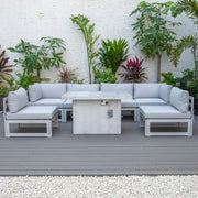 Chelsea 7-Piece Patio Sectional And Fire Pit Table In Weathered Grey Aluminum With Cushions - Elax Furniture