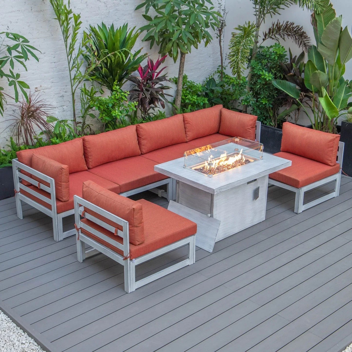Chelsea 7-Piece Patio Sectional And Fire Pit Table In Weathered Grey Aluminum With Cushions - Elax Furniture