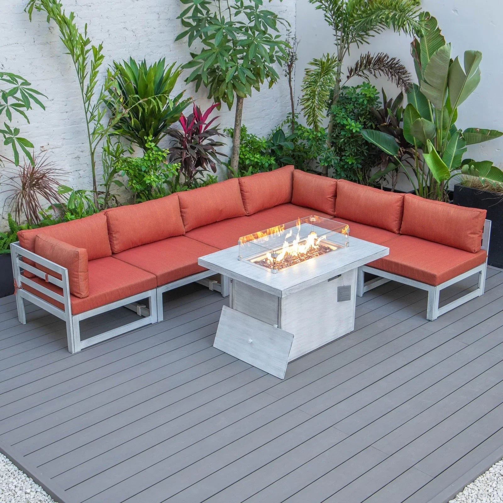 Chelsea 7-Piece Patio Sectional And Fire Pit Table In Weathered Grey Aluminum With Cushions - Elax Furniture