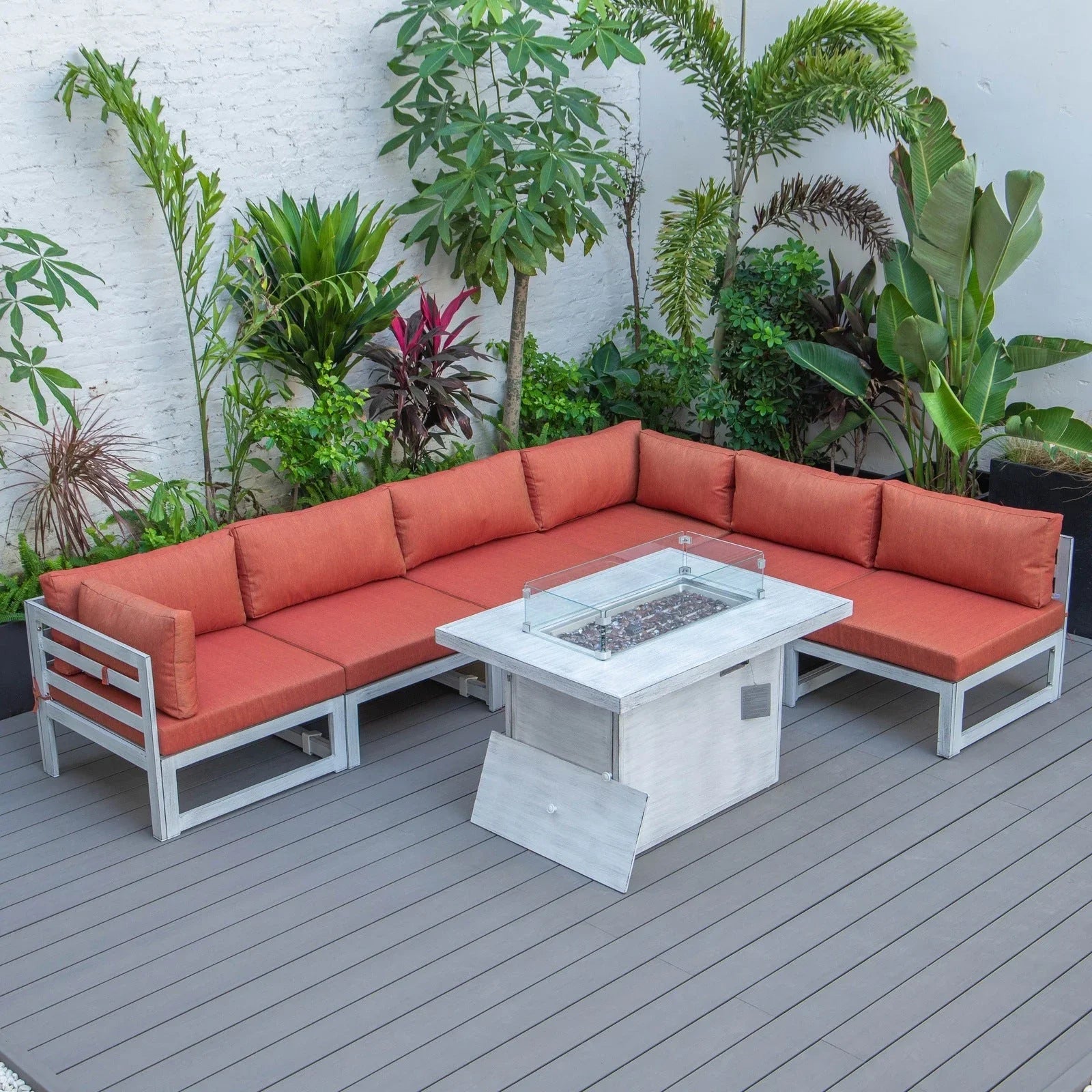 Chelsea 7-Piece Patio Sectional And Fire Pit Table In Weathered Grey Aluminum With Cushions - Elax Furniture
