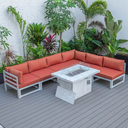 Chelsea 7-Piece Patio Sectional And Fire Pit Table In Weathered Grey Aluminum With Cushions - Elax Furniture