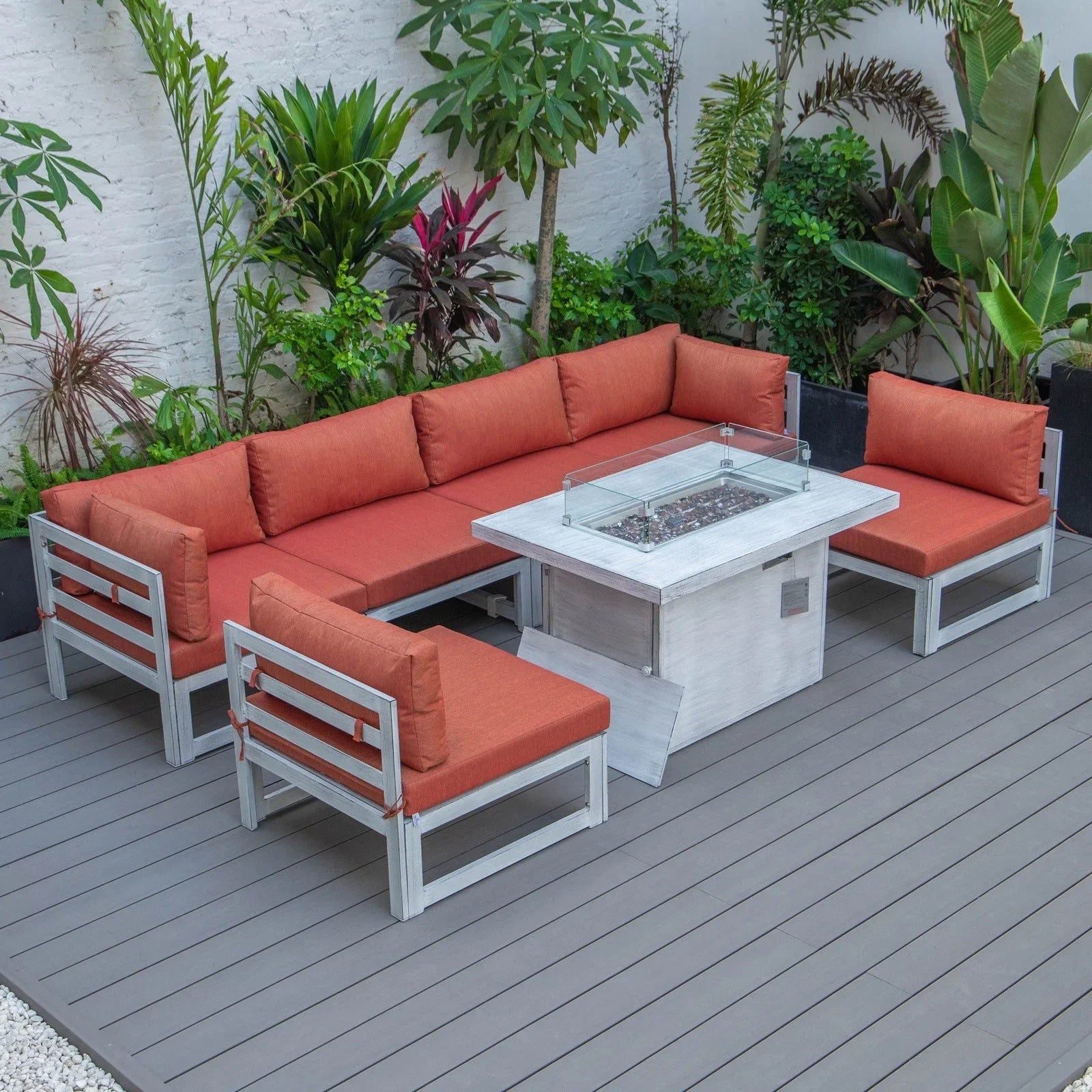 Chelsea 7-Piece Patio Sectional And Fire Pit Table In Weathered Grey Aluminum With Cushions - Elax Furniture