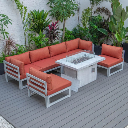 Chelsea 7-Piece Patio Sectional And Fire Pit Table In Weathered Grey Aluminum With Cushions - Elax Furniture