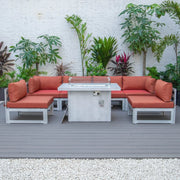 Chelsea 7-Piece Patio Sectional And Fire Pit Table In Weathered Grey Aluminum With Cushions - Elax Furniture